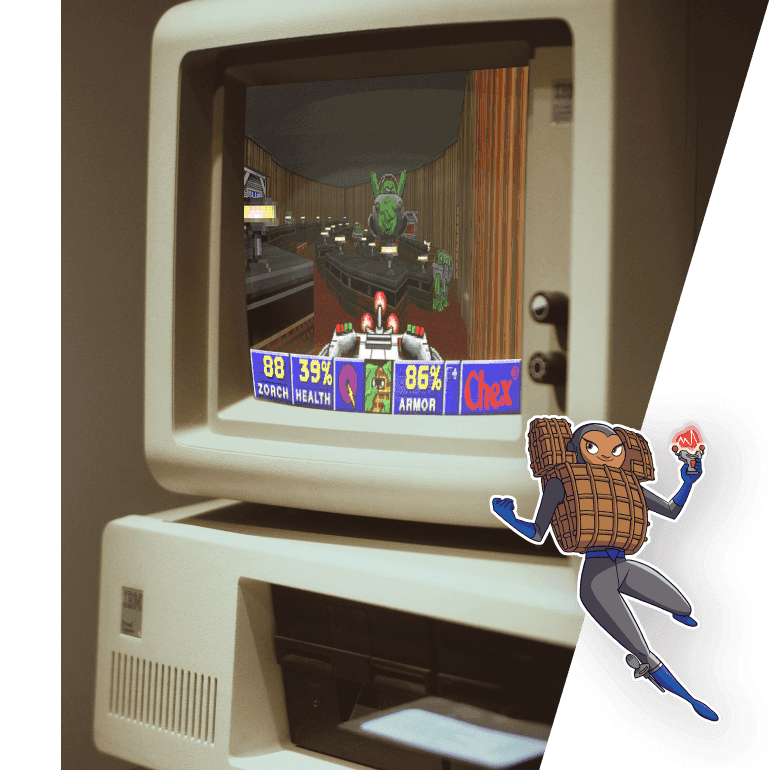 Old computer with original Chex Quest Video Game playing and Wheatney Chexworth in the corner