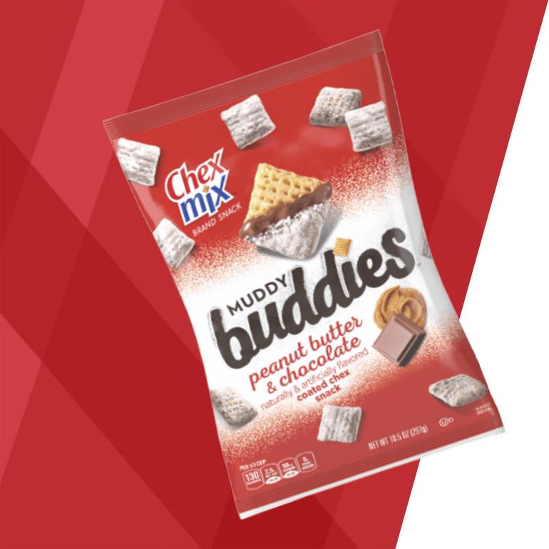 Chex Mix Muddy Buddies in peanut butter and chocolate coated Chex snack, front of pack