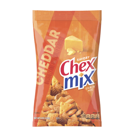 Chex Mix Savory in cheddar flavor, front of pack