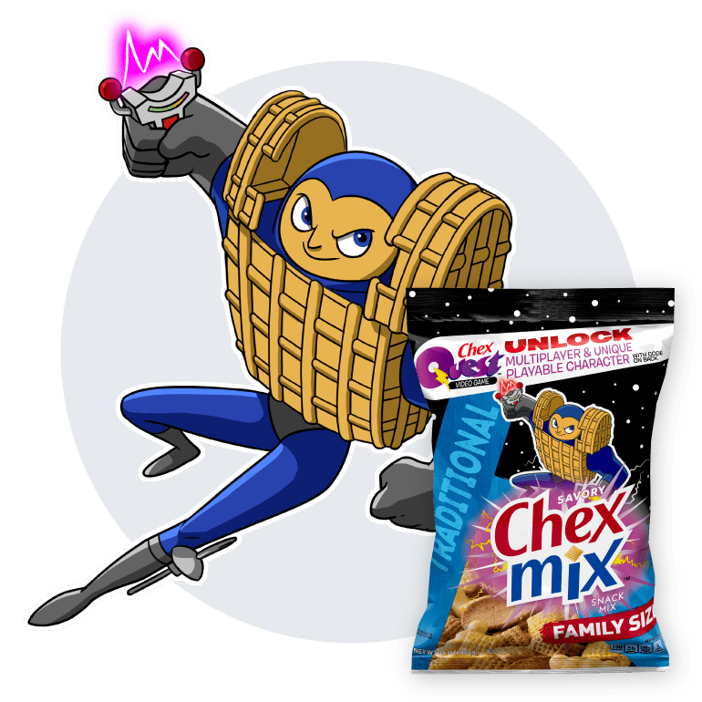 Chex Mix Squadron cartoon character, Fred Chexter, next to Chex Mix Family Size Traditional flavor, front of pack