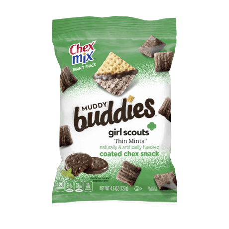 Chex Mix Muddy Buddies in Girl Scout Mint Chocolate coated Chex snack, front of pack